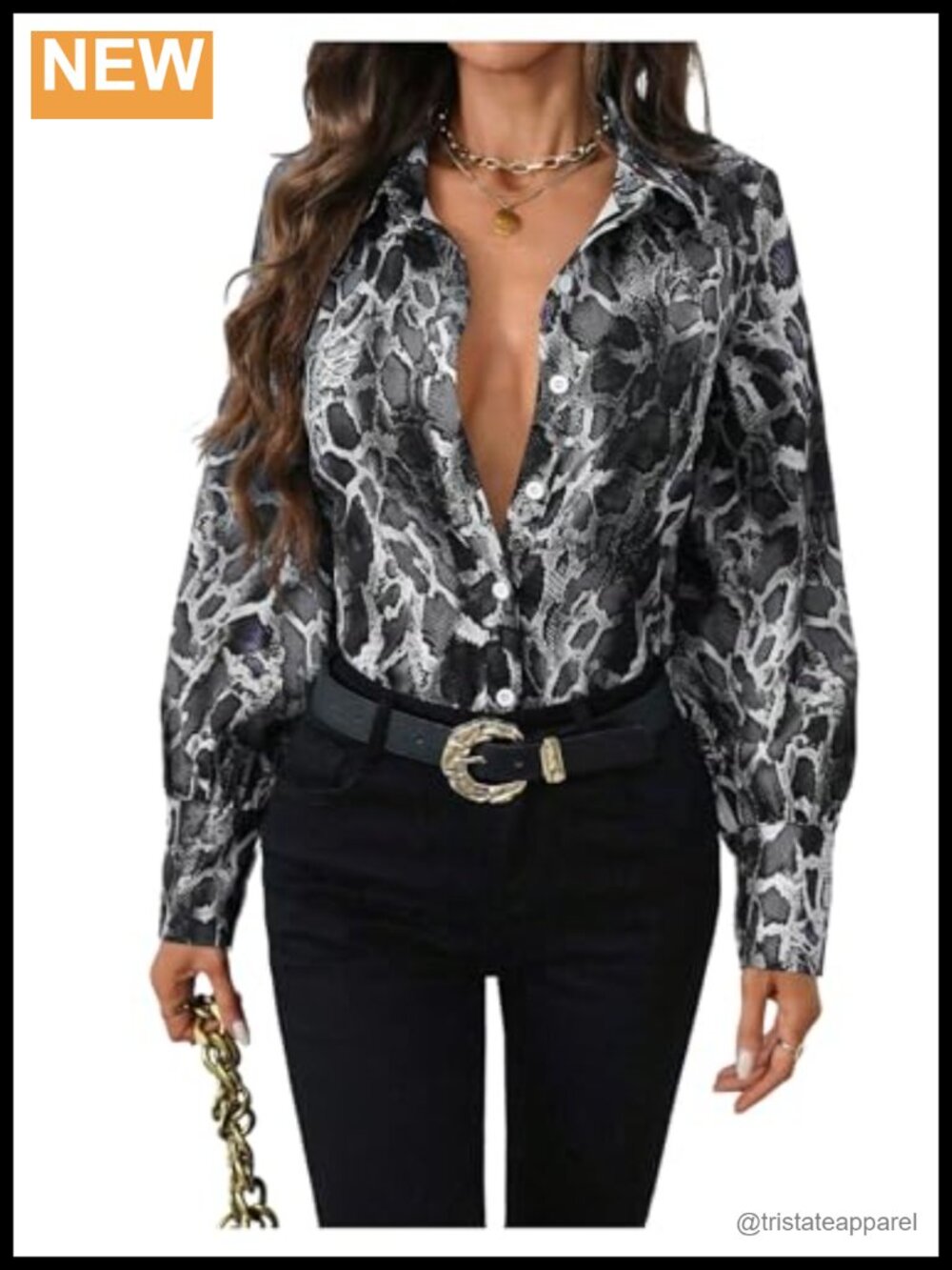 Snakeskin Print Button Down Long Sleeve Blouse Business Casual Work Top